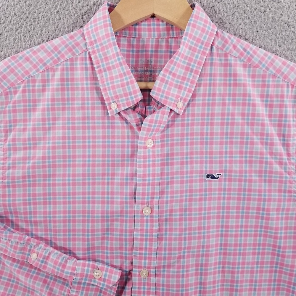 Vineyard Vines Shirt Mens Medium Pink Blue Performance Classic Fit Whale Plaid